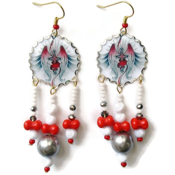 Handmade Jewelry - Red White Grey Goth Earrings Handmade Red Wings & Crucifix Gothic Style